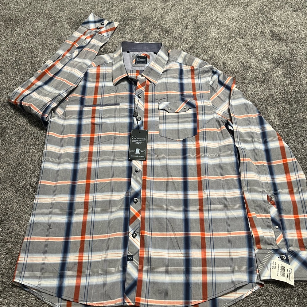 NWT 7 Diamonds Classic Plaid Button-Down Shirt - Gray with Orange & Navy